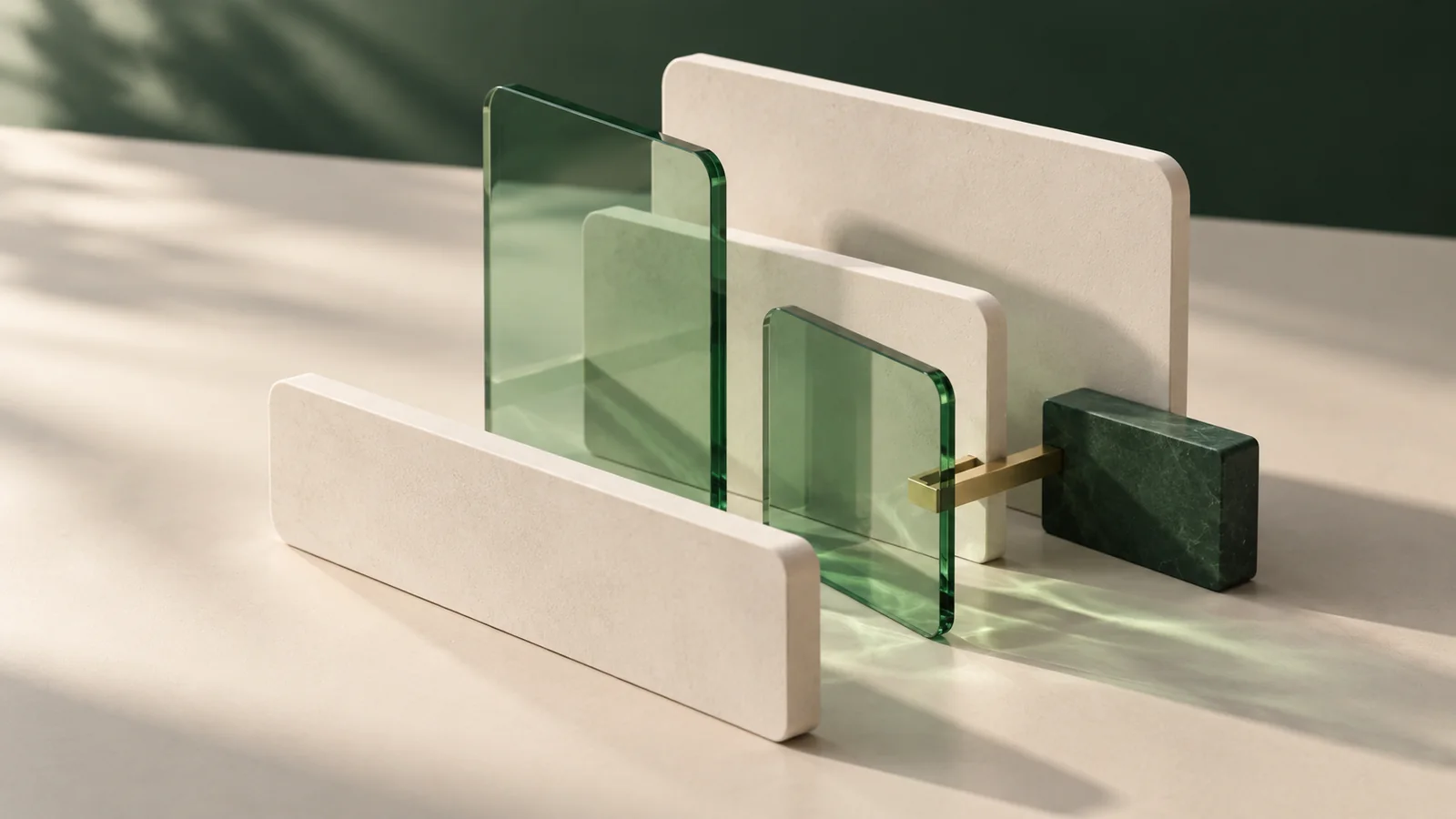 Abstract translucent green glass and ivory material layers