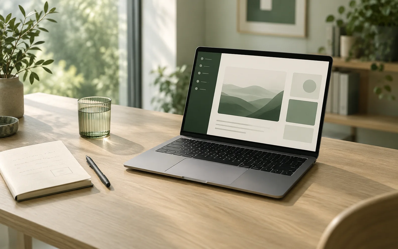 A laptop and notebook on a softly lit desk in a generic software workspace